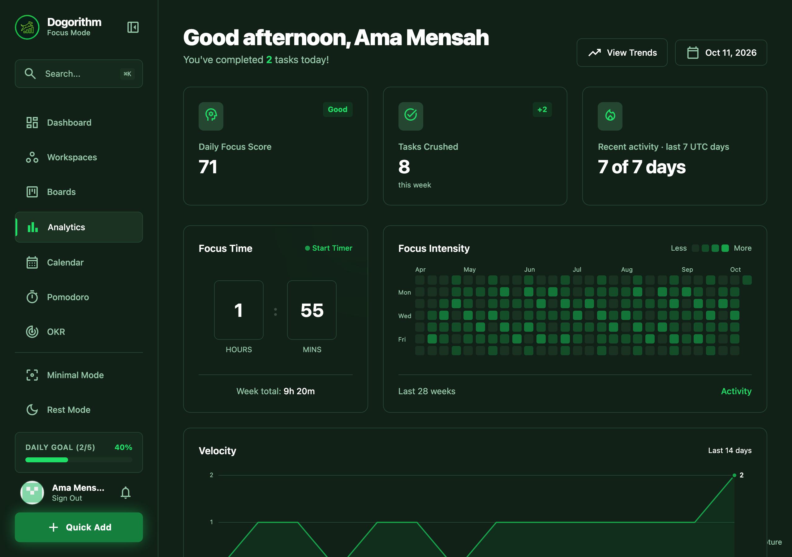 The analytics page: focus score, focus time, activity heatmap, and velocity