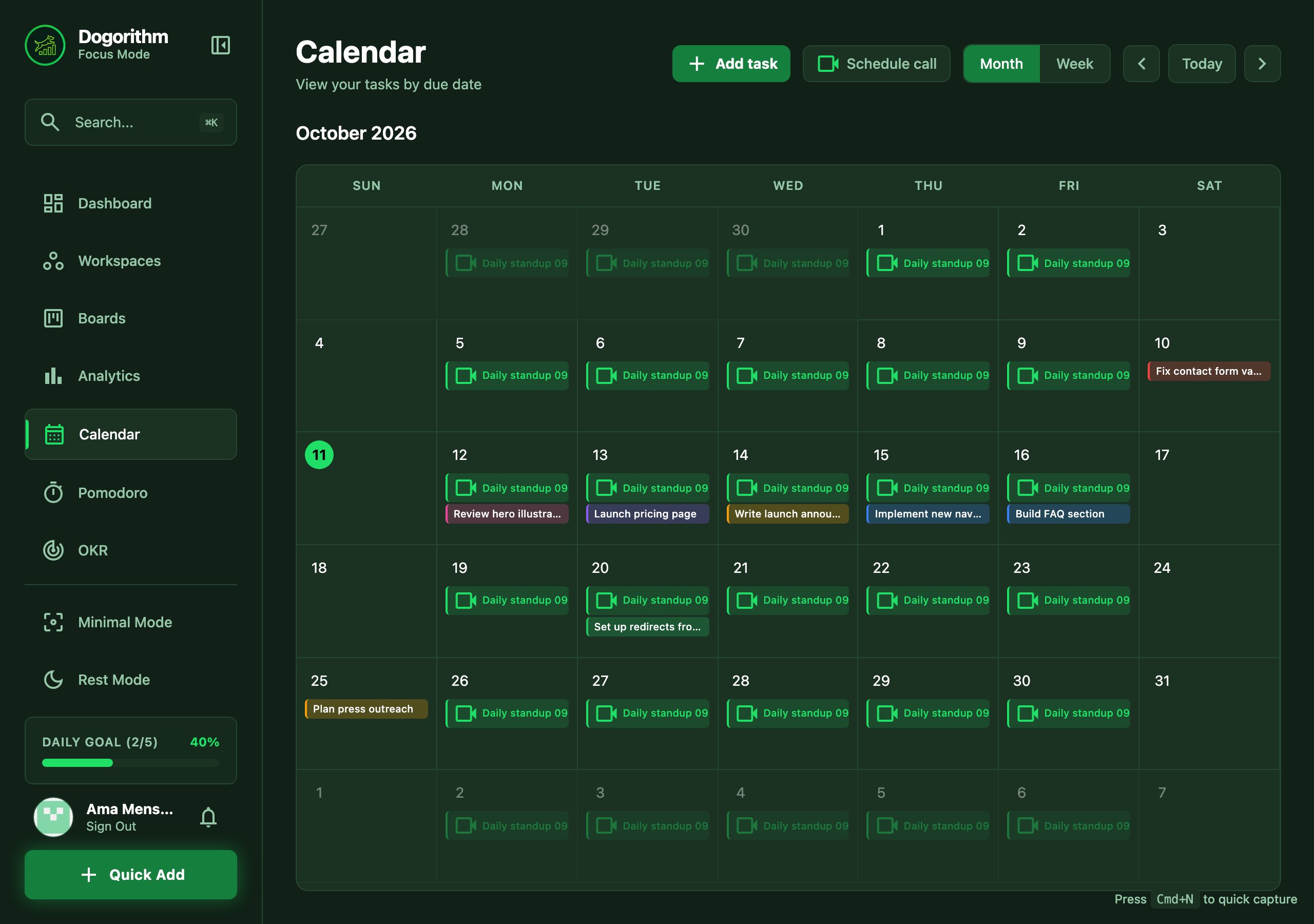 The calendar month view with due tasks and recurring standup chips