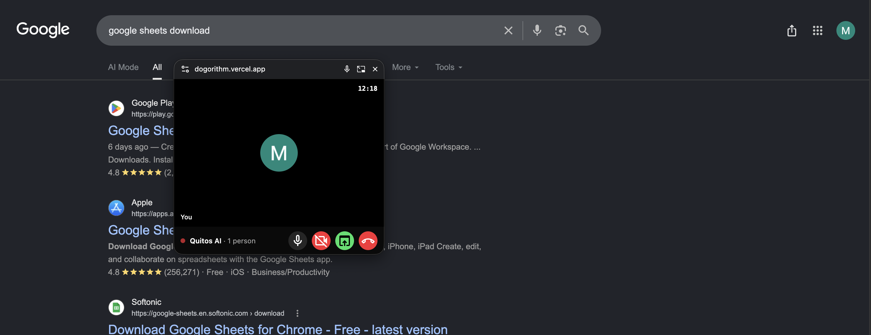 The picture-in-picture call window floating over another app, controls visible