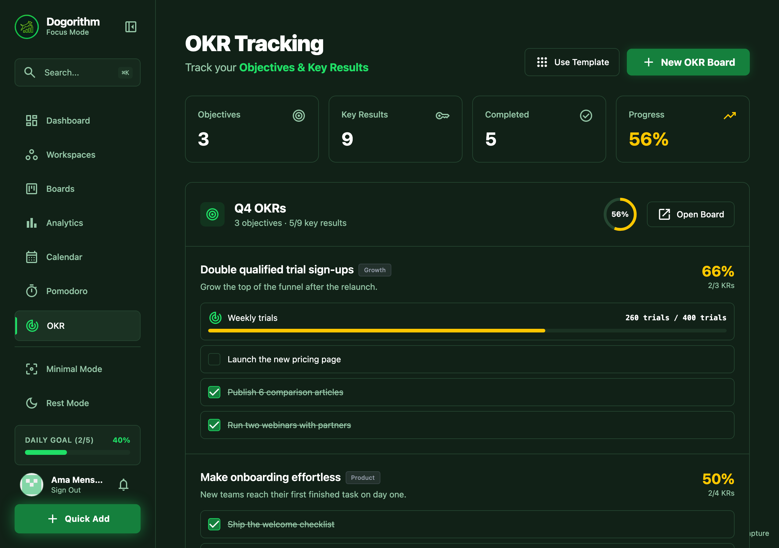 The OKR page: objectives with a metric progress bar and key results