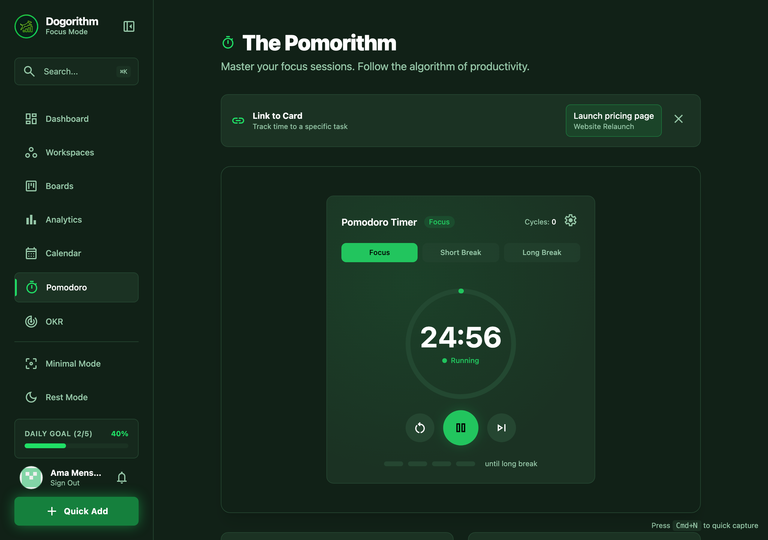 The Pomodoro timer running, linked to a card