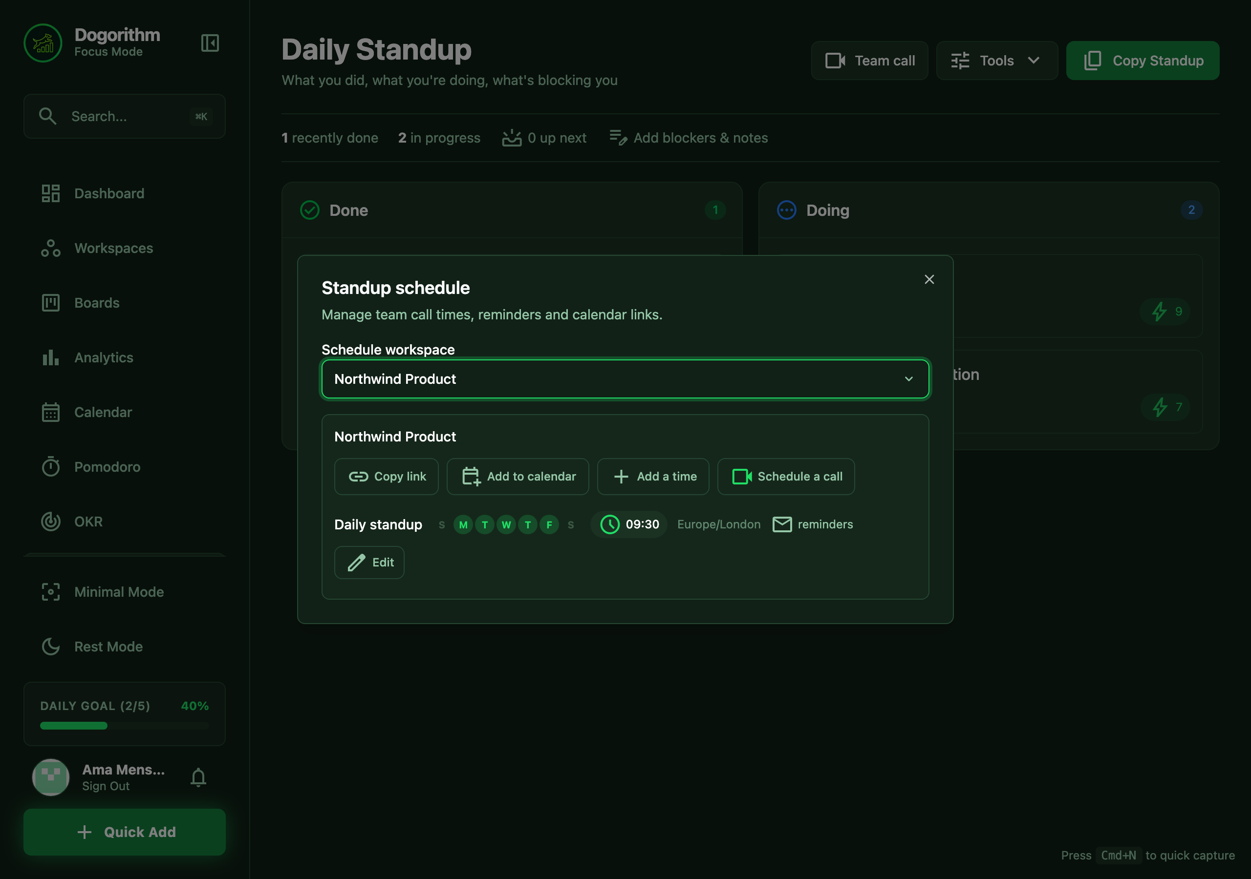 The standup schedule: weekday pills, time, Copy link, and Add to calendar