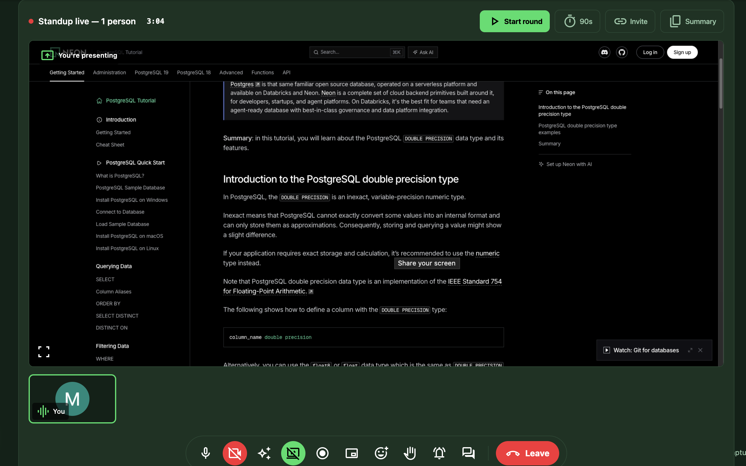 Presenting a shared screen on the call stage, with the camera strip and meeting bar below
